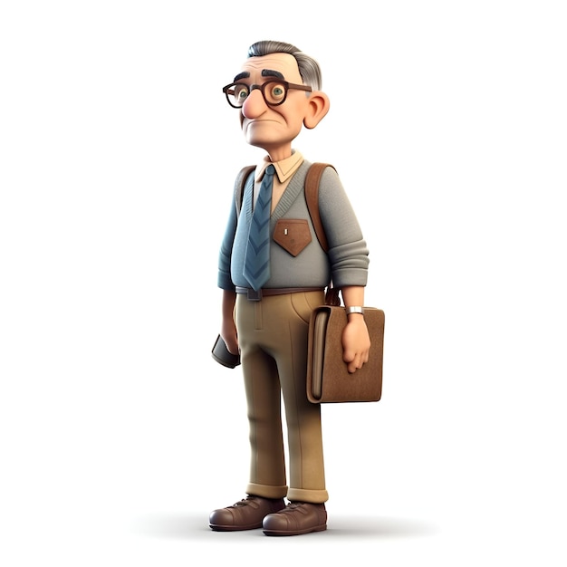 3D illustration of an old man with glasses and a briefcase