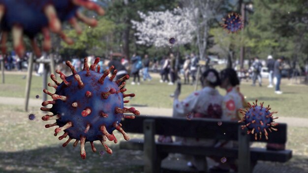 Photo 3d illustration omicron variant coronavirus floating over a maiko geisha sitting in a japanese park. beautiful asian woman visit japan in holidays during pandemic flu covid19 virus infection concept.