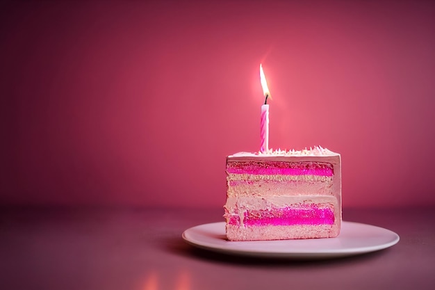 3d illustration of one piece of cake with candle in red background