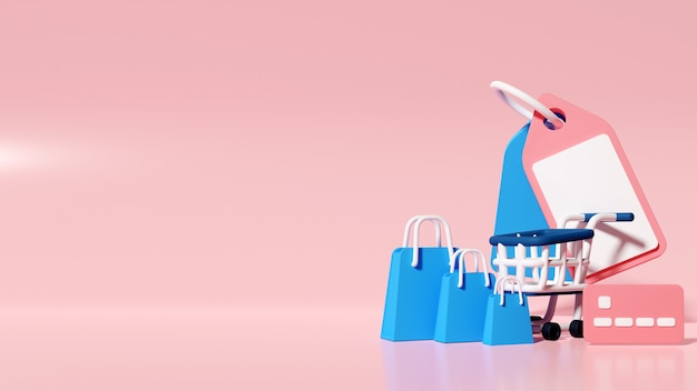 3d illustration online shopping with big deals. discount online shopping concept