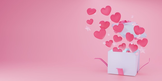 3d Illustration Open gift box with hearts icons on pink background