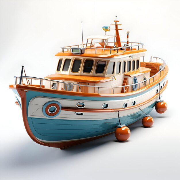 Photo 3d illustration of an orange and blue boat on a white background