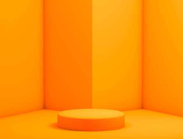 Photo 3d illustration, orange product background stand or podium pedestal on empty display with light backdrops