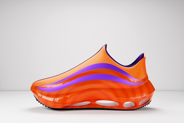 3d illustration orange and purple new sports sneakers on a huge foam sole on white isolated background sneakers in an ugly style Fashionable sneakers