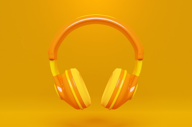 3d illustration of orange retro headphones  on  orange   isolated background on neon lights. 