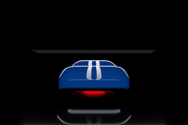 3d illustration of the outline of a blue racing car with reflections with white stripes on the hood and red light at the bottom on a black background