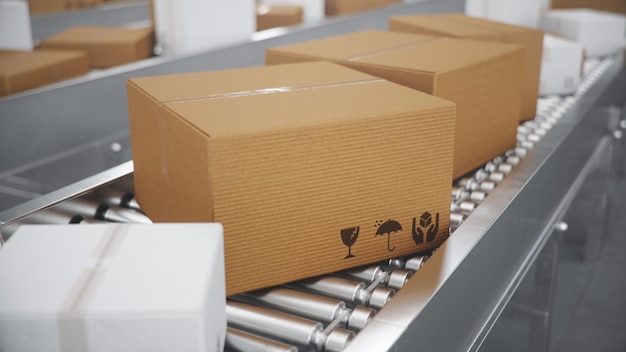 Photo 3d illustration packages delivery, packaging service and parcels transportation system concept, cardboard boxes on a conveyor belt in a warehouse, three conveyor belts