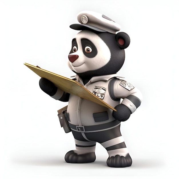 Foto illustrazione 3d di un panda con un casco e un clipboard