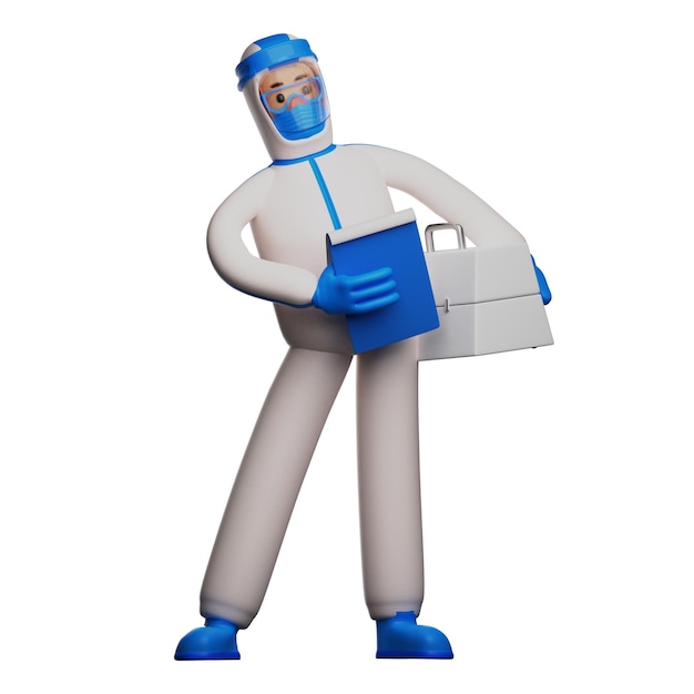 3D illustration Paramedic with Hazmat 3D character illustration preparing medical equipment