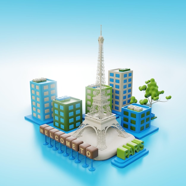 3d illustration Paris city background with Eiffel tower as a landmark