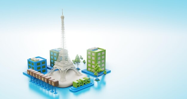 3d illustration Paris city view and Eiffel tower as landmark and green space area