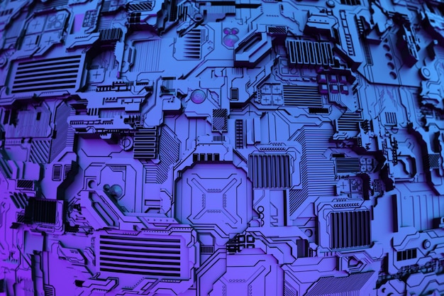 金属の形のパターンの3Dイラスト、宇宙船またはロボットの技術的なメッキ。コンピュータゲームのスタイルの抽象的なグラフィックス。紫色のサイバーアーマーのクローズアップ
