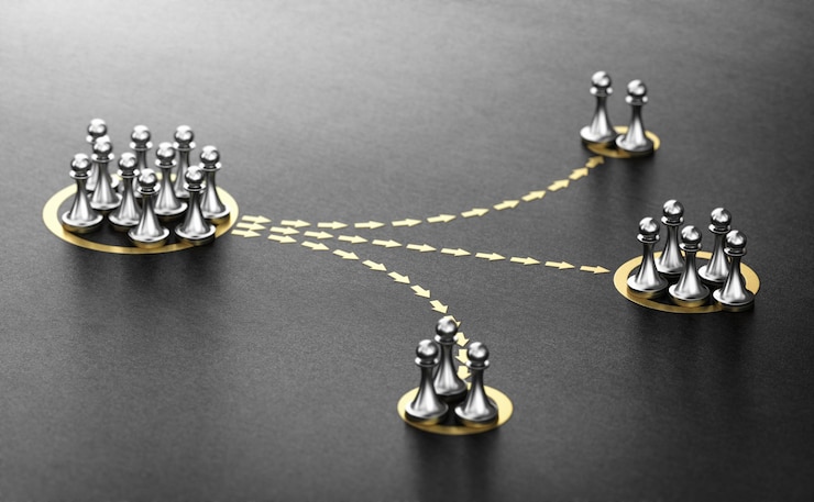 Photo 3d illustration of pawns segmented in different categories over black background. concept of audience segmentation.