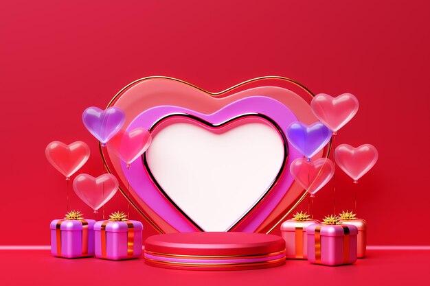 3D illustration Pedestal scene with product platform advertisement show award winner with big heart behind Valentine's Day