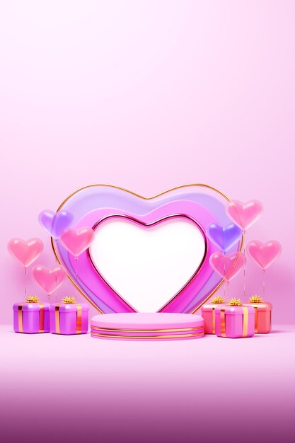 3D illustration Pedestal scene with product platform advertisement show award winner with big heart behind Valentine's Day