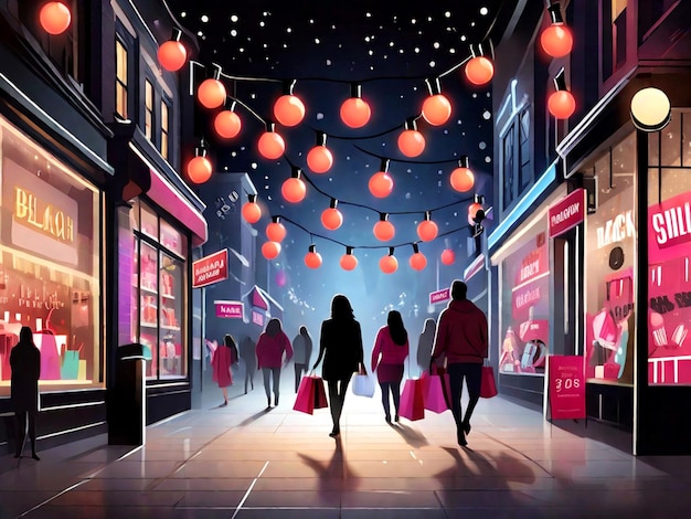 3d illustration of people walking in the night street with lights