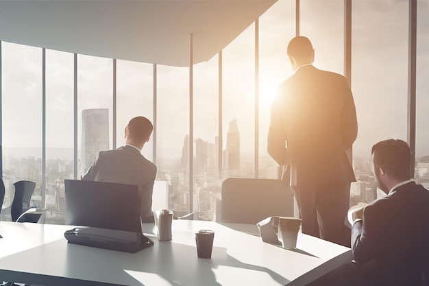 3d illustration of people working in office with windows in floor and city view and sunset light