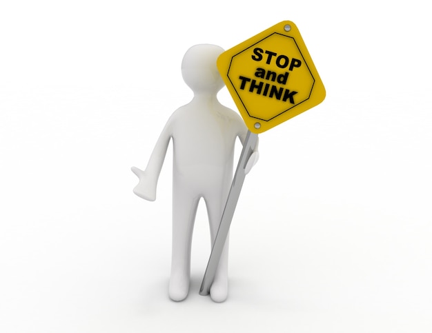 Photo 3d illustration of person holding road sign of stop and think