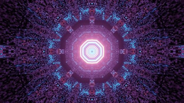 3D-иллюстрация в перспективе через футуристический научно-фантастический туннель восьмиугольной формы со светящимися неоновыми линиями и рассеянными цветами для абстрактного дизайна