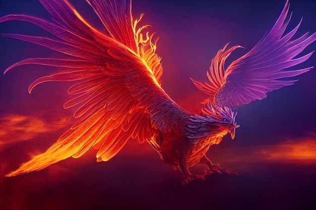 3d illustration of Phoenix fantastic in flight flapping wings blazing with fire