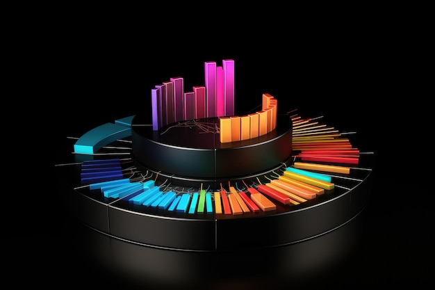 3D-иллюстрация круговой диаграммы на черном фоне с красочными неоновыми огнями 3D-рендерирование круговой диаграммы на черном фоне с деловыми диаграммами и графиками AI Generated