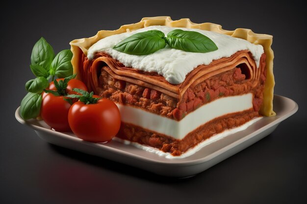 3d illustration Piece of tasty hot lasagna served with a basil leaf on a gray plate. Italian cuisine