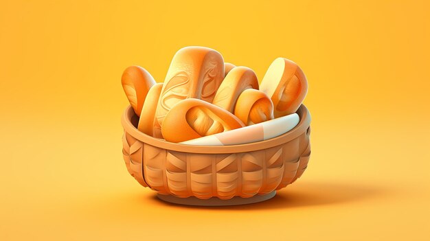 3d illustration of pieces of bread on wood basket