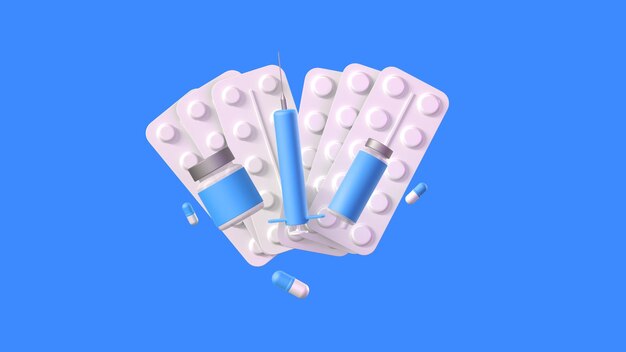 3d illustration pills in a blister vaccine syringe and pills on a dark blue background