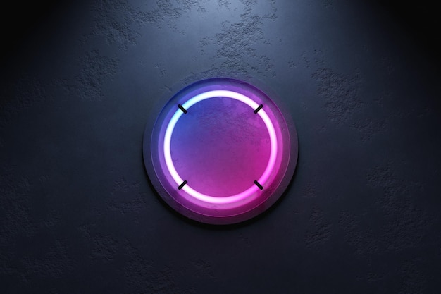 3D illustration of pink and blue neon round frame on a black background rectangle for design
