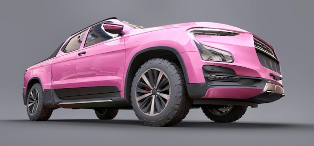 灰色の孤立した背景にピンクのコンセプトの貨物ピックアップトラックの3Dイラスト。 3Dレンダリング。
