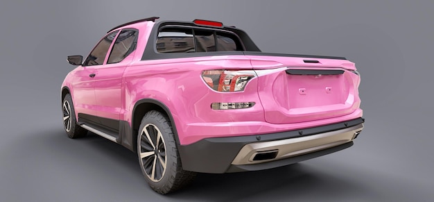 3D illustration of pink concept cargo pickup truck on grey isolated background 3d rendering