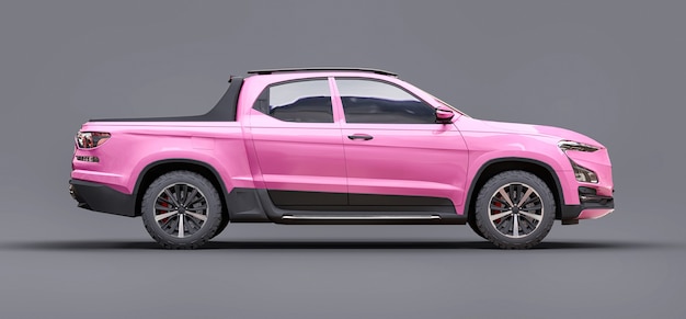 Foto 3d illustrazione del concetto rosa cargo pickup truck su sfondo grigio isolato. rendering 3d.