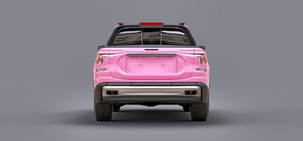 3D иллюстрация розового грузового пикапа концепции на сером изолированном фоне. 3D-рендеринг.
