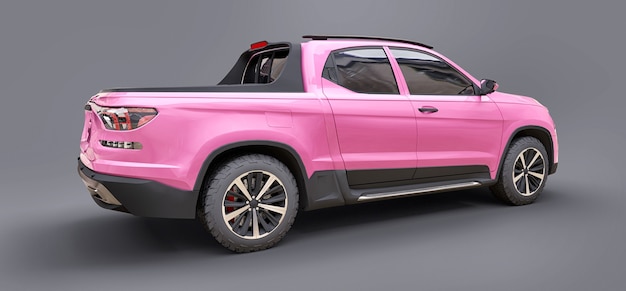 3D иллюстрация розового концептуального грузового пикапа на сером изолированном фоне. 3D-рендеринг.
