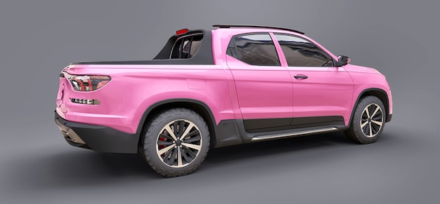 3D illustration of pink concept cargo pickup truck on grey isolated background. 3d rendering.