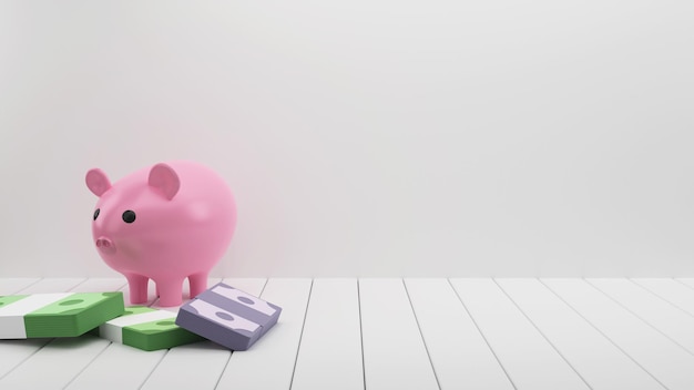 3D Illustration Pink Piggy Bank With Bunch Of Banknotes On Gray Plank Texture Background