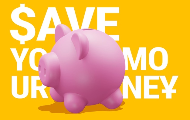 Photo 3d illustration of pink piggy bank on yellow color background with word save money 3d design