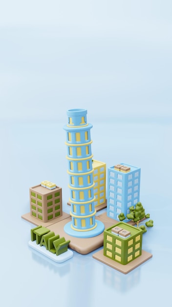 Foto illustrazione 3d torre di pisa come punto di riferimento con spazio verde e vista sulla città italiana