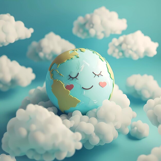 Photo 3d illustration of planet earth with positive emotion threedimensional clouds around earth day