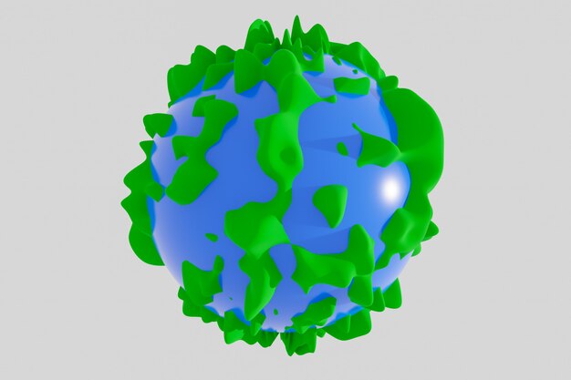 Foto illustrazione 3d del pianeta terra con foreste volumetriche e acqua.