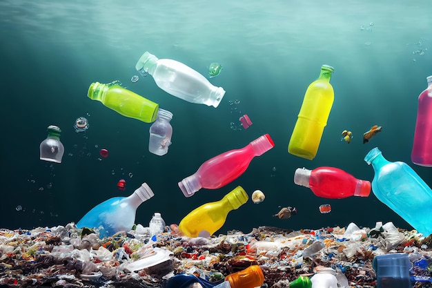 3d illustration of plastic bottles float in coral world ocean contaminated by plastic