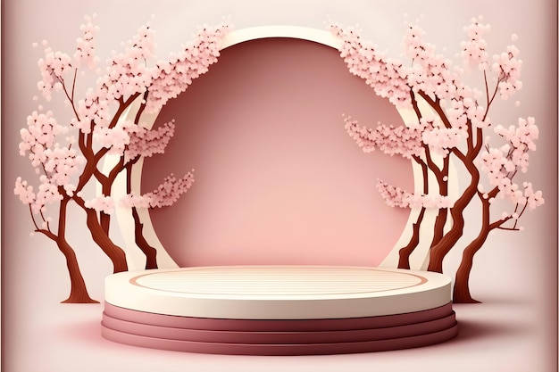 3d illustration podium for product display with trees cherry blossom