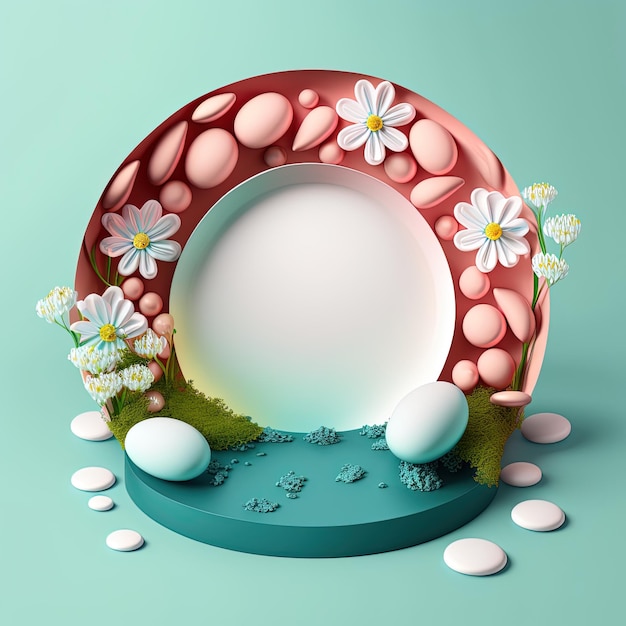 3D Illustration of a Podium with Easter Eggs Flowers and Leaves Decoration