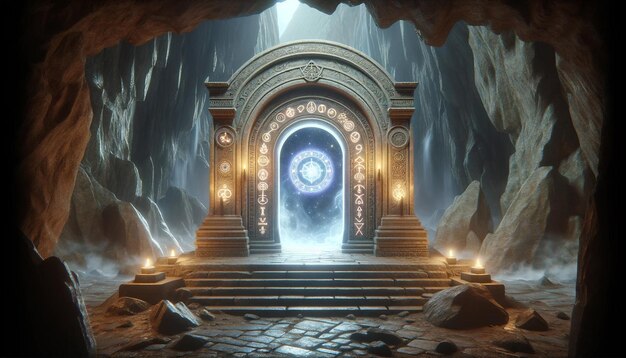 3D illustration of a portal in a stone arch adorned with magical symbols