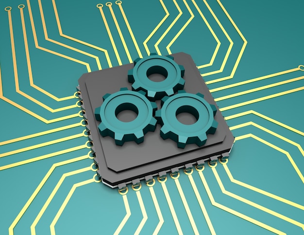 3d illustration of processor with a gear wheels. rendered illustration