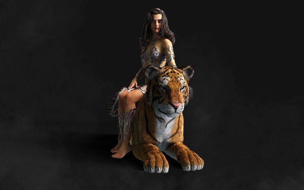 3d Illustration Project of Lady and The Bengal Tigers Poses on Black Background with Clipping Path