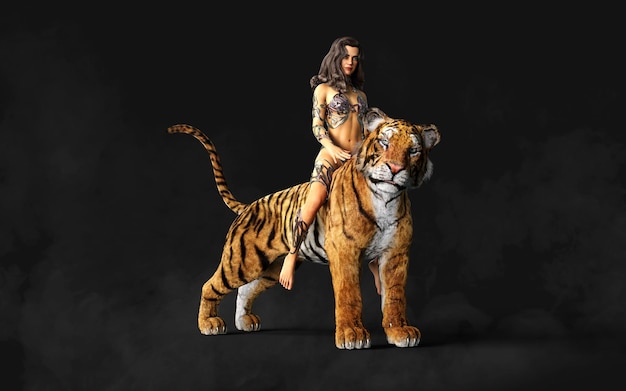 3d Illustration Project of Lady and The Bengal Tigers Poses on Black Background with Clipping Path.