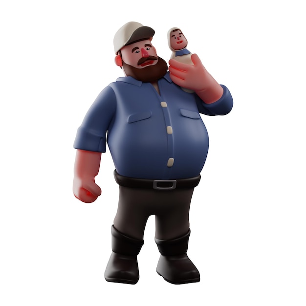 3D イラスト 誇らしげにスーパーお父さんの 3D 漫画のデザインに直面し、幸せな表情を見せている赤ちゃん
