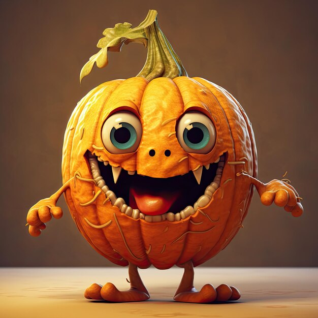 Foto illustrazione 3d del personaggio della zucca disegnato in stile cartone animato ai generato