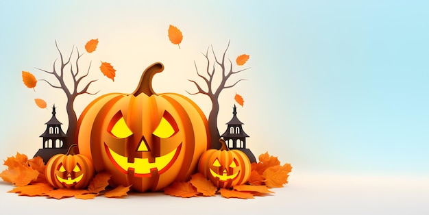 3D illustration Pumpkins of Halloween day in paper art style on clean background banner
